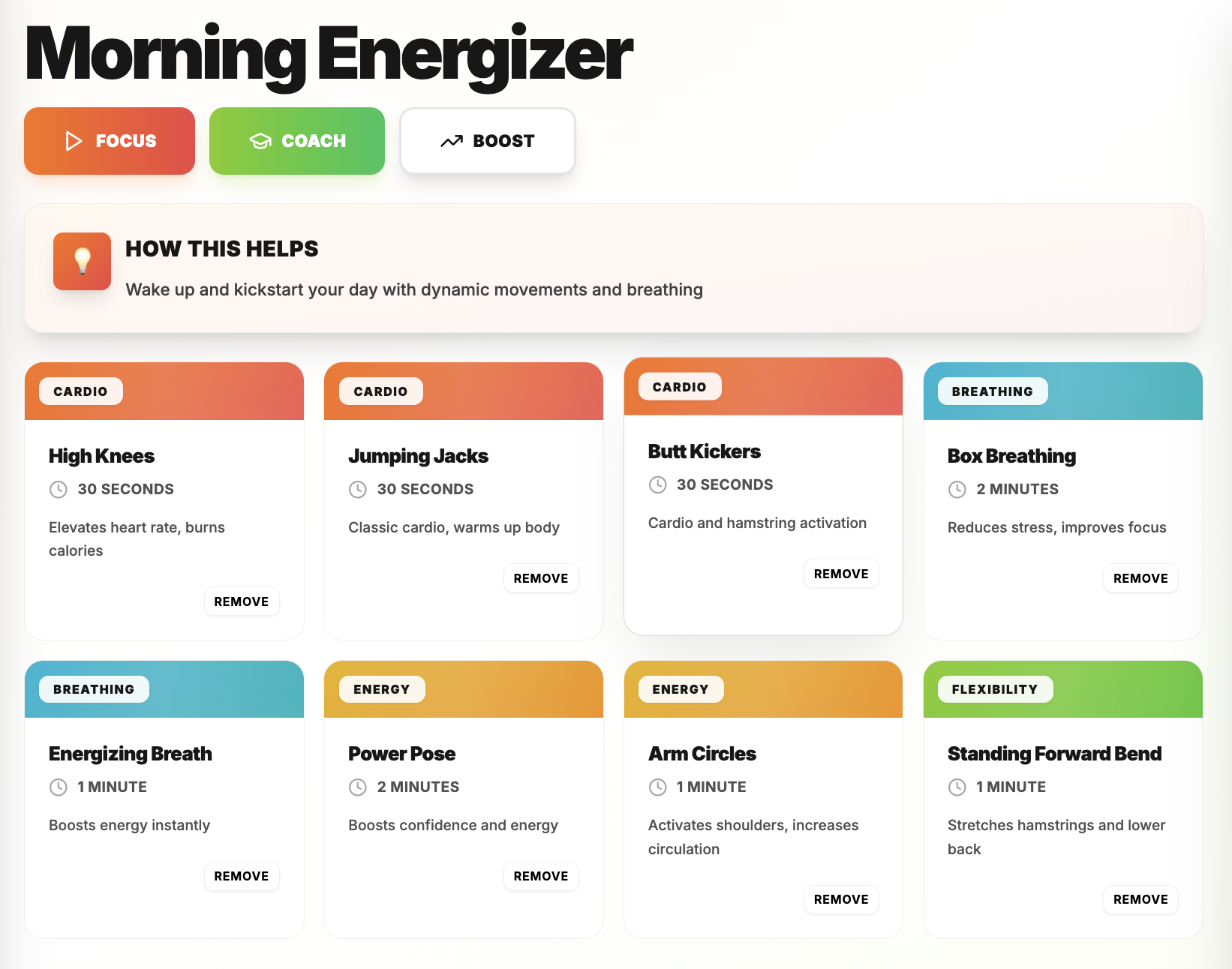 AI Playlist Generator showing Morning Energizer workout